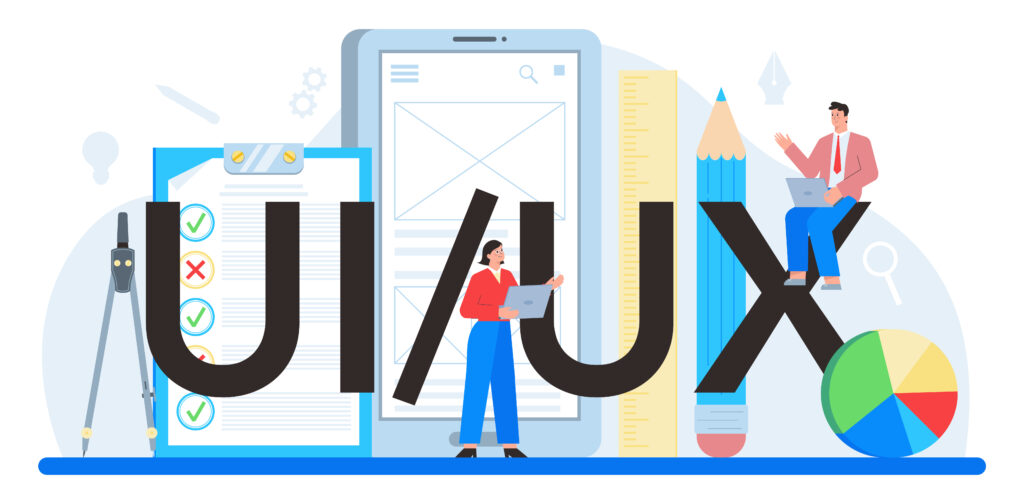 UX audit and redesign service illustration, Creative UI UX design team collaboration, gd tech solution