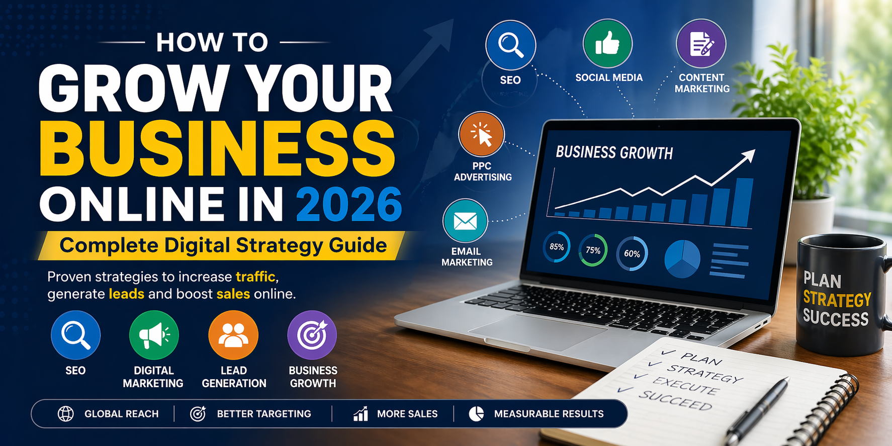 Digital marketing strategy banner showing SEO, PPC, social media and business growth in 2026