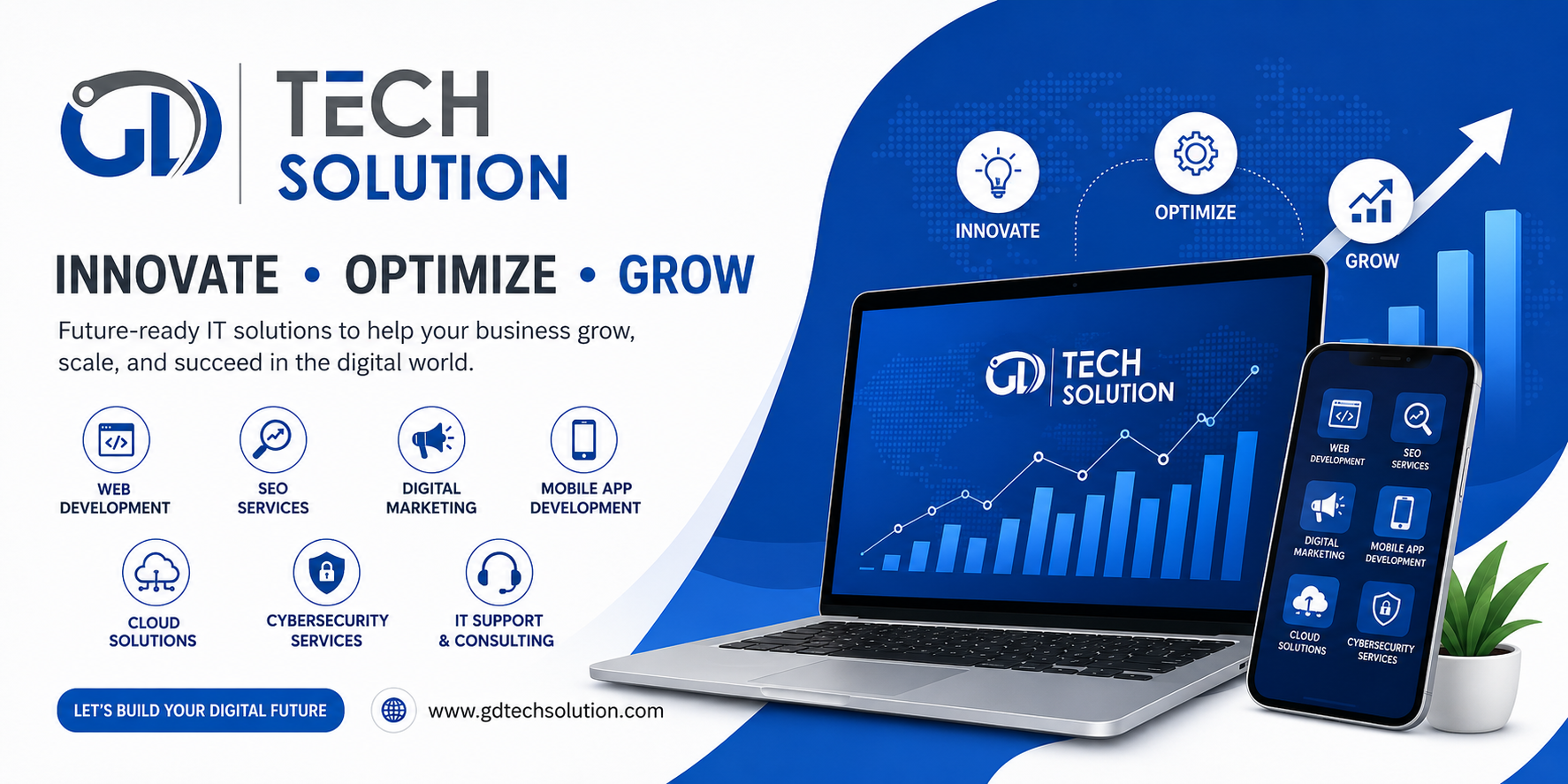 GD Tech Solution digital marketing and web development trends 2026 feature image showing SEO, web development, mobile app development, cloud solutions, and cybersecurity services.