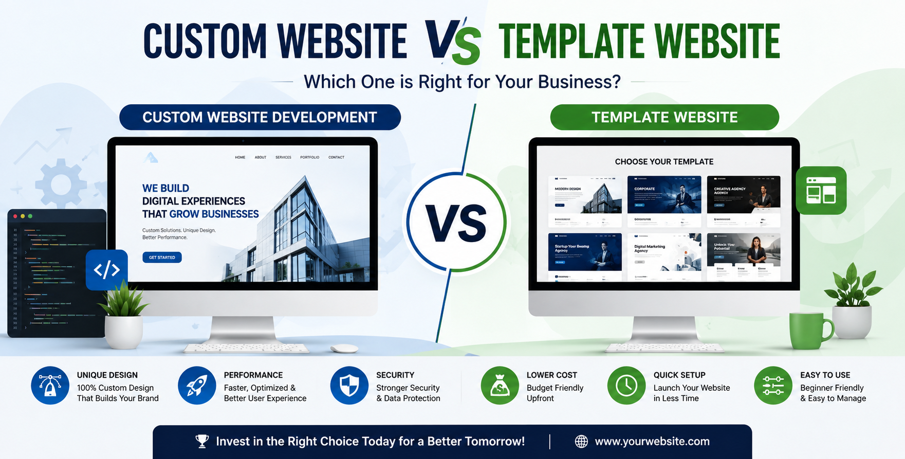 Custom website development vs template website comparison showing differences in design, SEO, speed, security, scalability, cost, and business growth for choosing the right website solution in 2026.