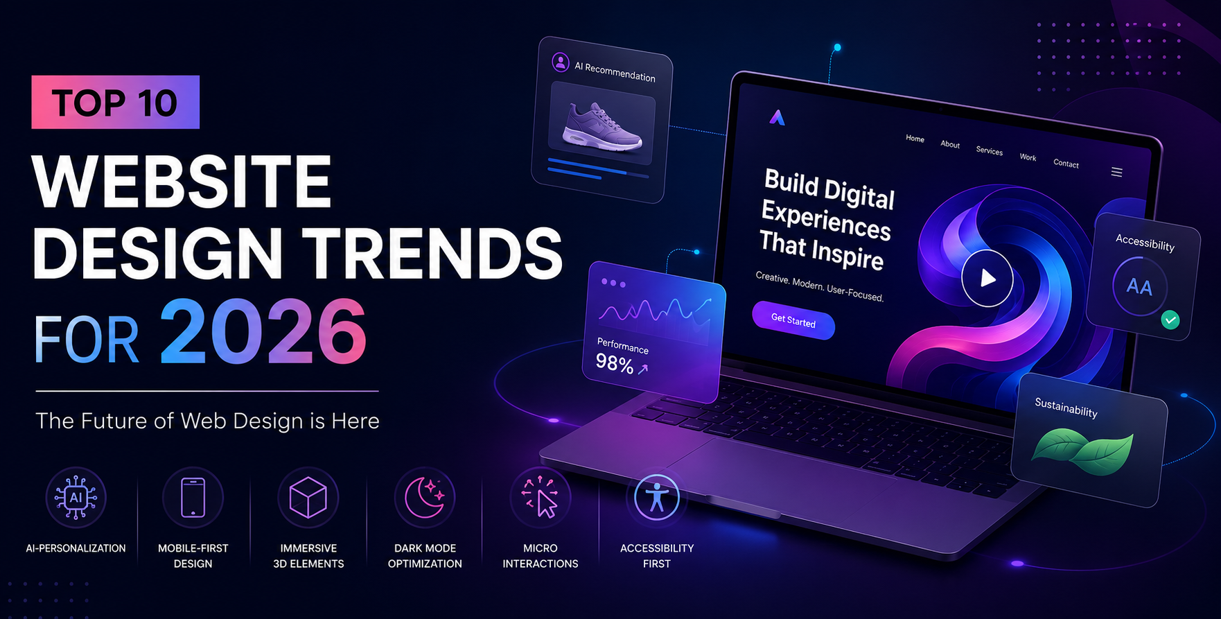 Creative featured image illustrating the top website design trends for 2026, including AI-powered personalization, mobile-first design, immersive 3D experiences, dark mode optimization, micro-interactions, and accessibility-first web design concepts.
