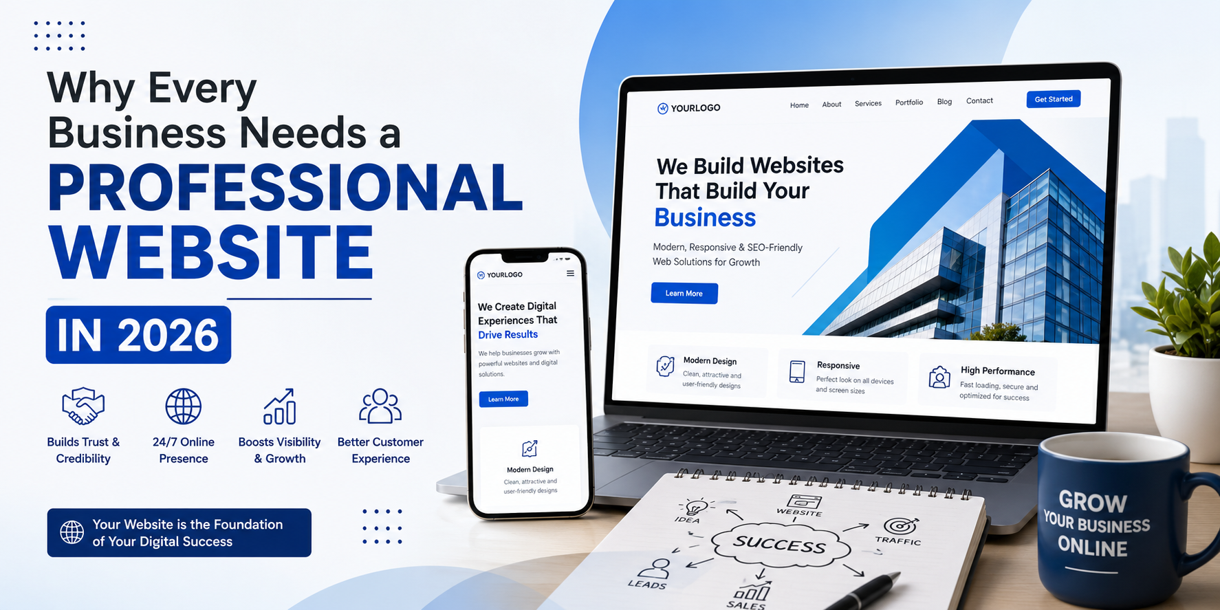 Professional website development illustration showing responsive web design on laptop and mobile devices, highlighting business growth benefits in 2026 by GD Tech Solution.